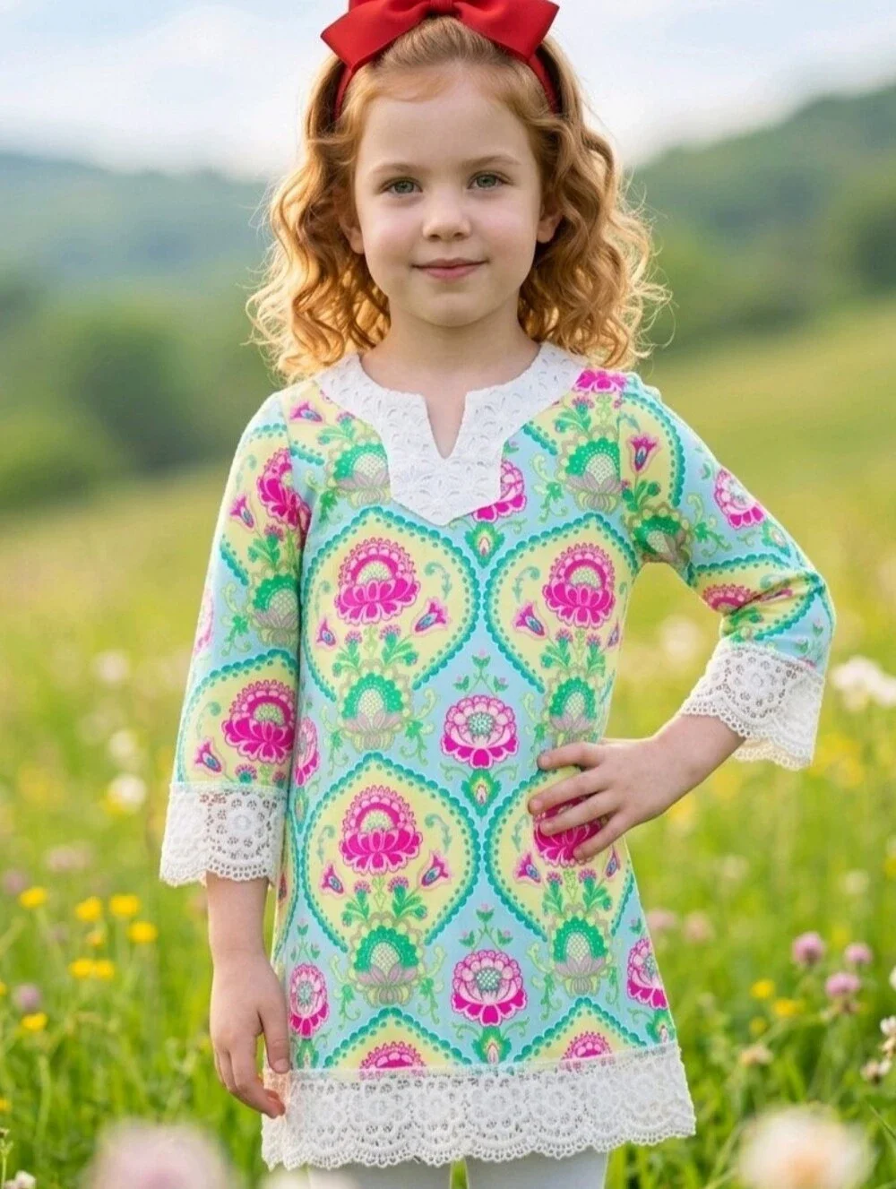 Peaches N Cream Girls Floral Dress Crochet Lace Trim Boho 3/4 Sleeve NWOT Size 8